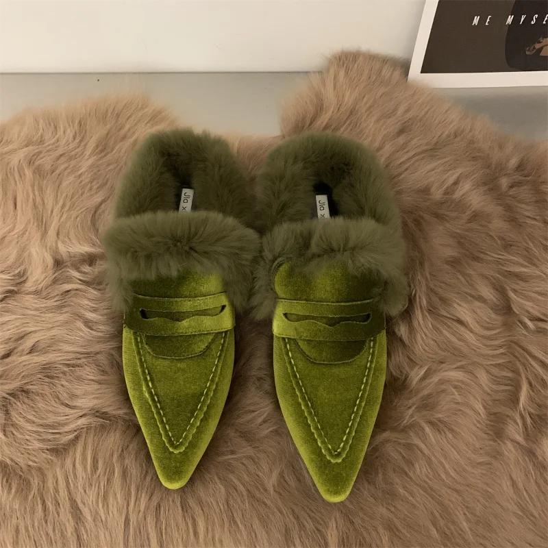 Fashion COZOK Luxury Fur Furry Women Slippers Fur Flat Mules Fashion Velour Slides Indoor Outdoor Sexy Cotton Warm Slides Winter