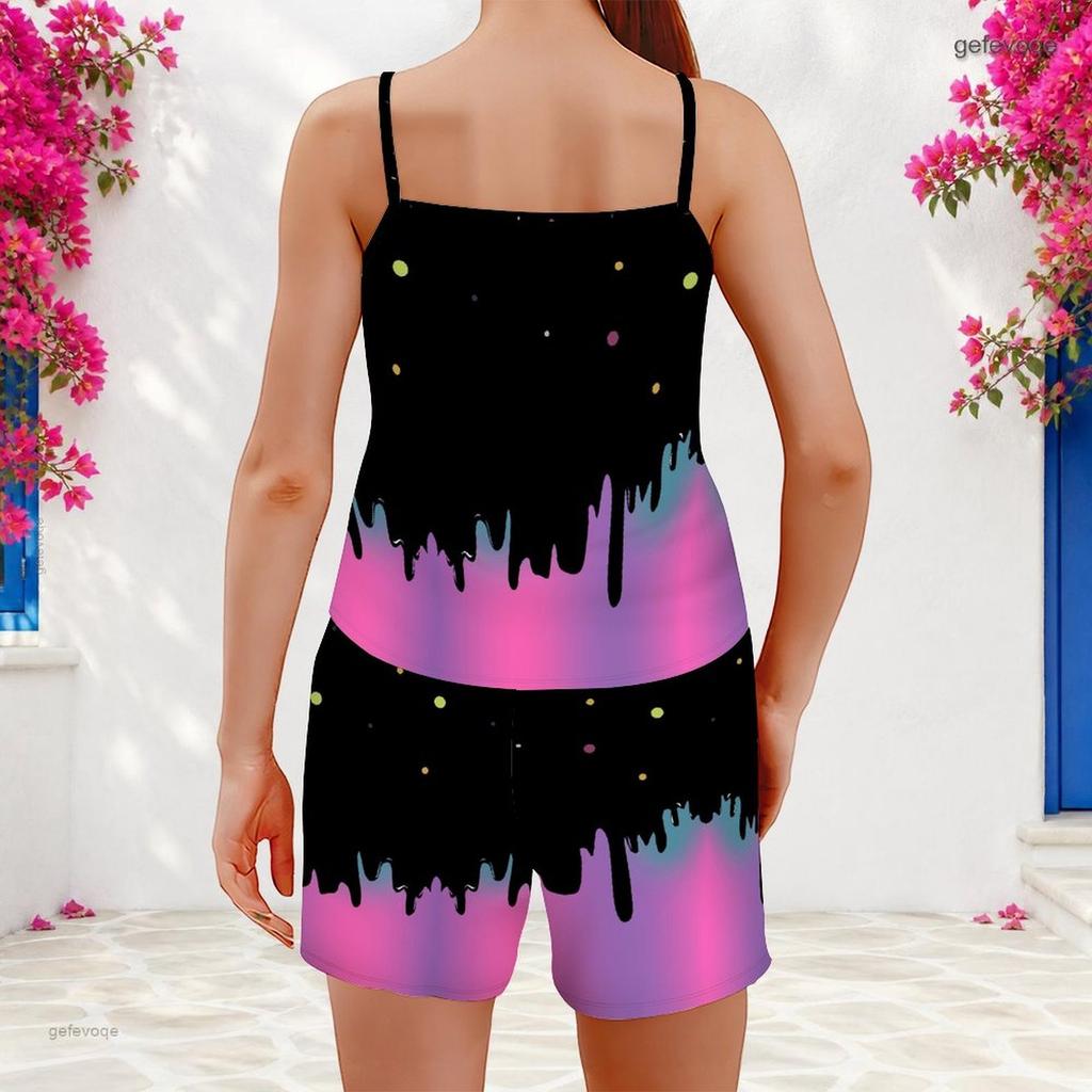 Women Plus Size Camouflage Leaf Printed Scoop Neck Strappy Tank Top Shorts Two Piece Set