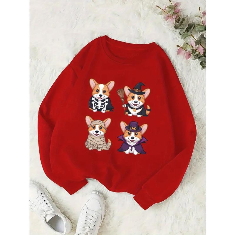 Sweatshirt with a Round Neck for Girls Featuring Four Corgis Celebrating Halloween