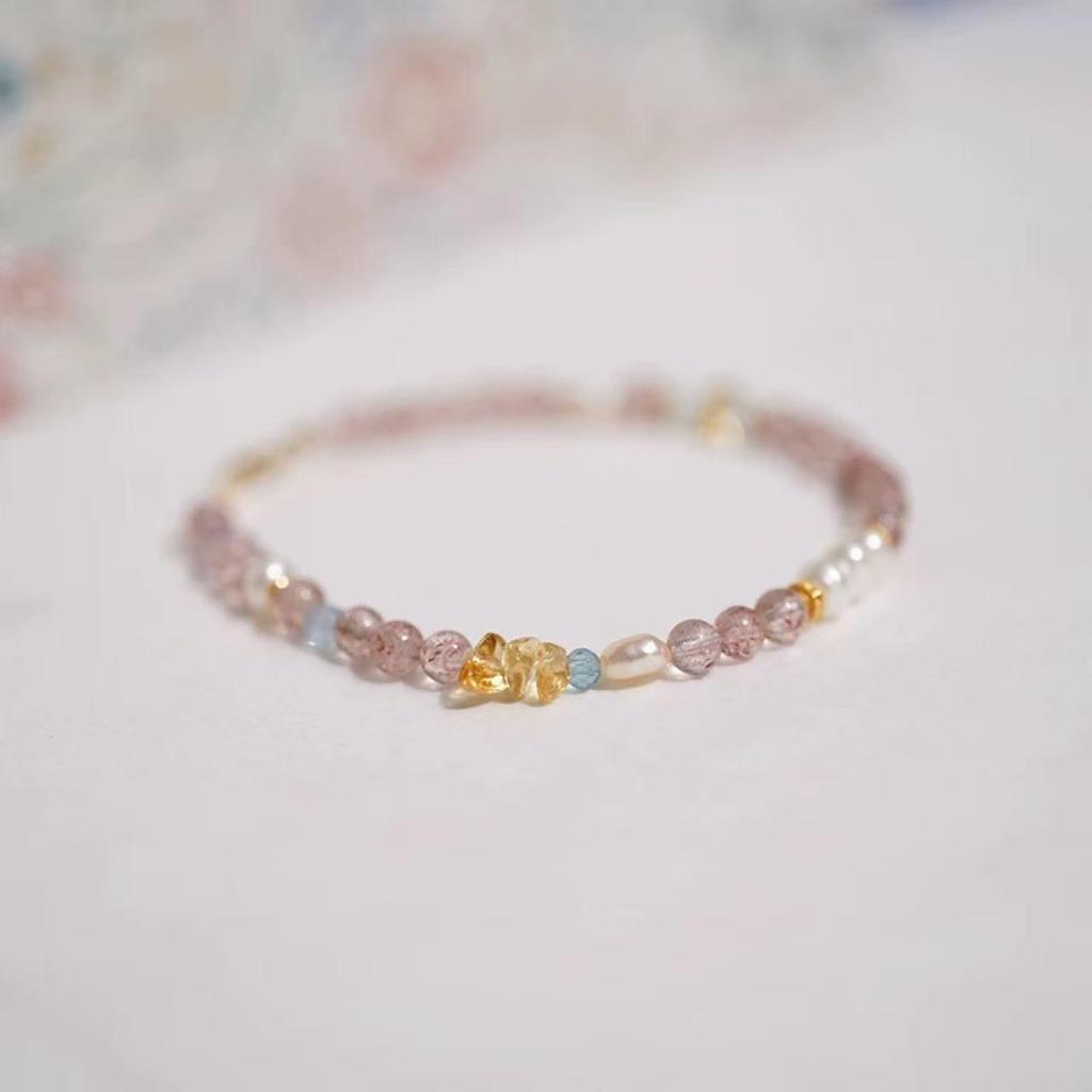 Women's Strawberry Crystal & Aquamarine Freshwater Pearl Bracelet - Handmade Pink Peach Blossom Design for Best Friends