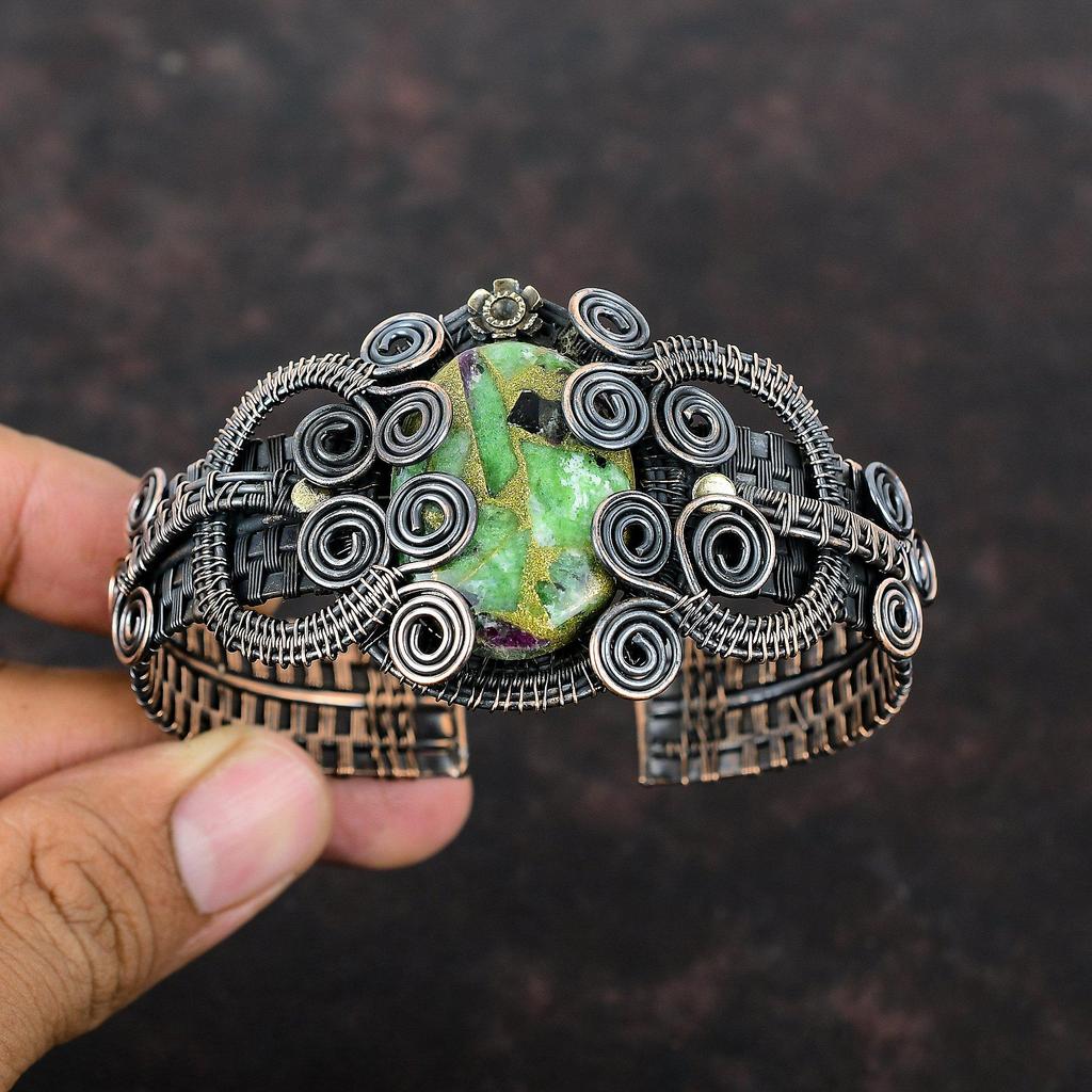 Copper Ruby Zoisite Bangle Copper Wire Wrapped Cuff Bracelet Adjustable Bangle Handmade Cuff Natural Gemstone Bangle Copper Jewelry For Gift