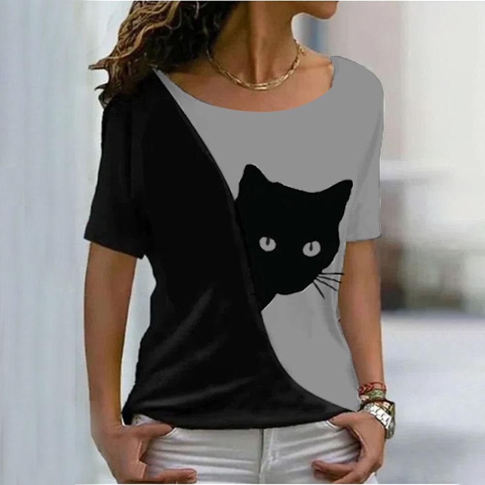 Fashion T-shirts For Women Harajuku Casual Tops 3D Kawaii Cat Printing Oversized Female Funny Short Sleeve Tees Summer Tops 2024
