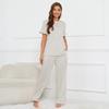 Womens V-Neck Button-Up Short Sleeve Pajama Set With Drawstring Pants Comfortable Lounge Wear