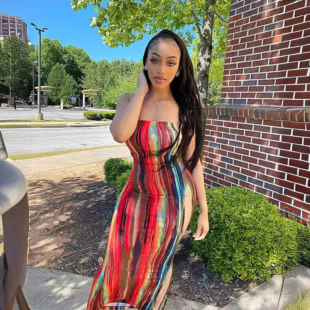 Women Tie Dye Stripe Strapless Bodycon Mermaid Maxi Dress