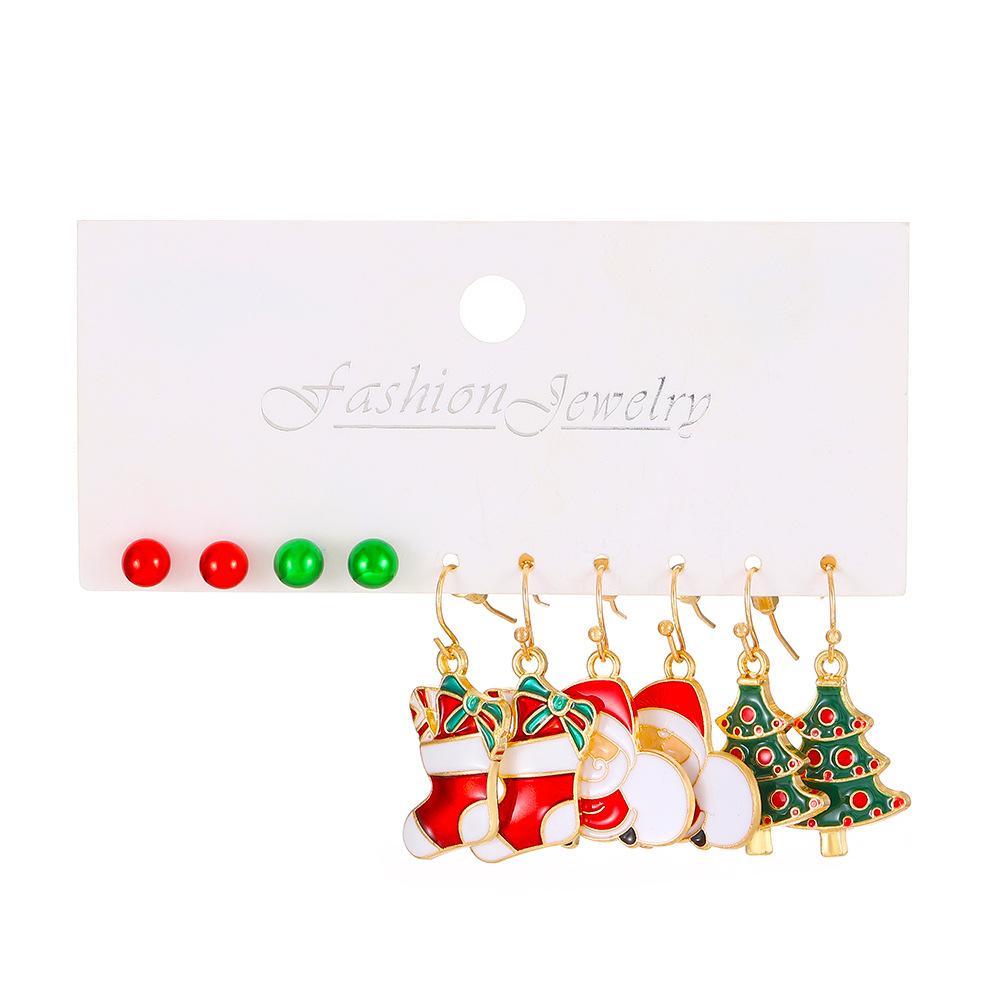 2026 fashion Christmas accessories 5 pairs of card earrings 2025 oil dripping red and green Christmas tree snowman earrings wholesale