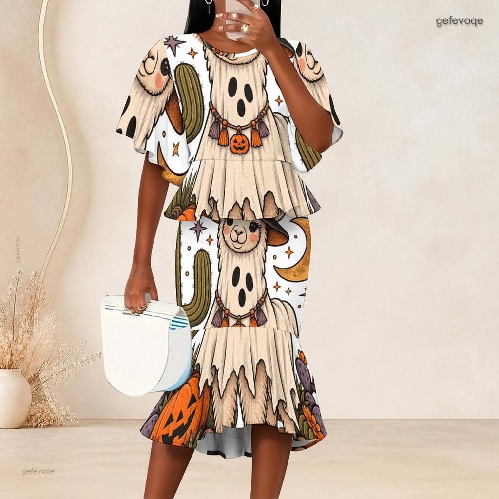 Women Plus Size Round Neck Halloween Printed Batwing Sleeve Ruffle Hem Top Fishtail Skirt Two Piece Set