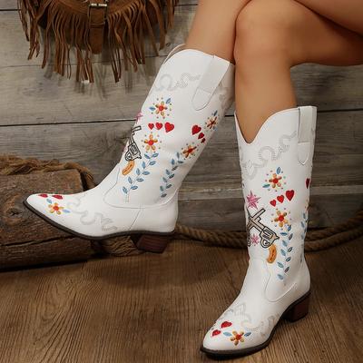Autunno Inverno nuova moda ricamo in pelle stivali casual stile cowboy occidentale da donna tacco quadrato stile etnico stivali al polpaccio