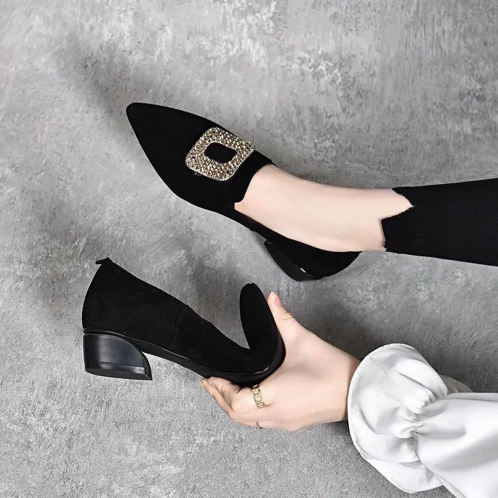 Fashion Diamond Shoes for Women Block Heel Pointed Toe Moccasins Woman Pumps Korean Style Casual Footwear Summer 2025 Vacation Popular