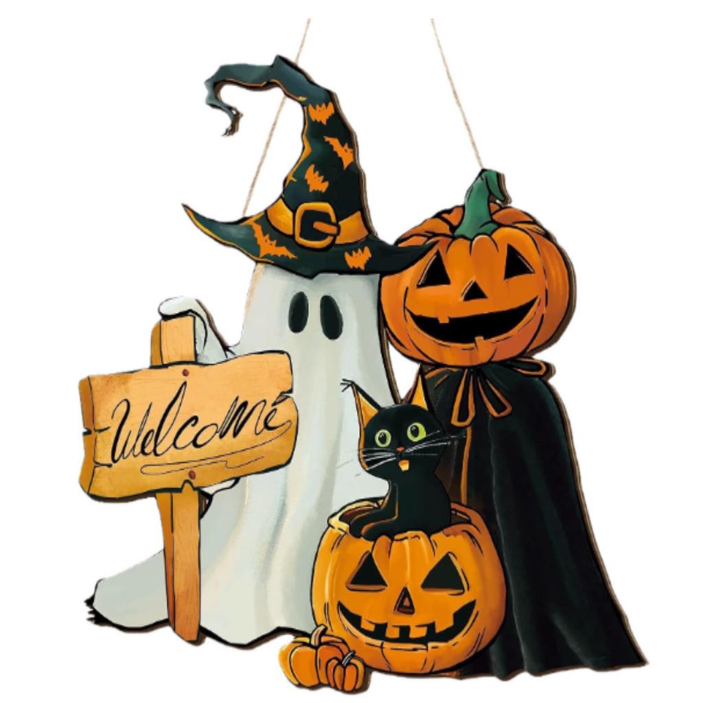 Halloween Welcome Sign Skeleton Wreath Wooden Halloween Party Decorations