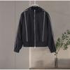 Sudadera Corta Casual a Rayas Traje Deportivo Mujer Otoño Sudadera con Cremallera Suelta Cordón Elástico Pantalones de Pierna Ancha Conjunto de Dos Piezas