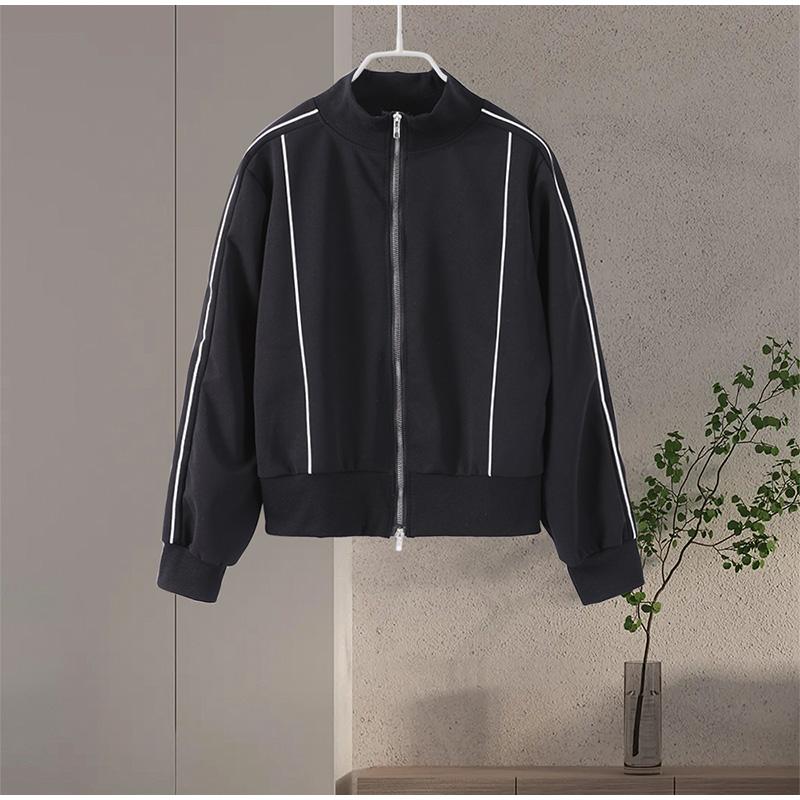 Sudadera Corta Casual a Rayas Traje Deportivo Mujer Otoño Sudadera con Cremallera Suelta Cordón Elástico Pantalones de Pierna Ancha Conjunto de Dos Piezas
