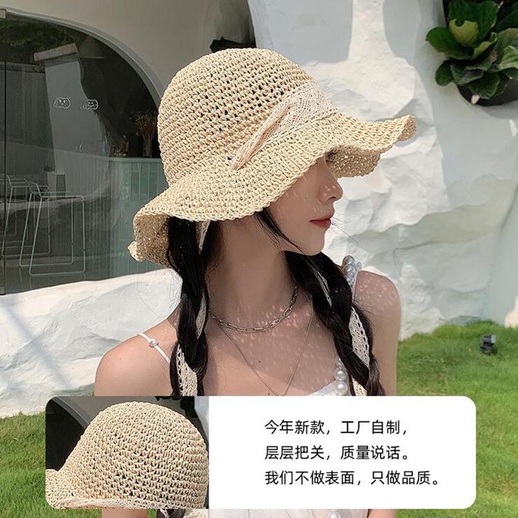 Straw hat women's summer beach hat sunscreen eaves travel seaside Sanya photo shading lace strap sun hat