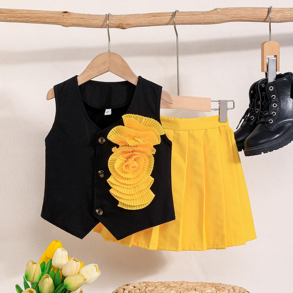 Mädchen Sommer Outfit Satin Floral Schwarz Ärmelloses Top + Rosa Faltenrock College Stil