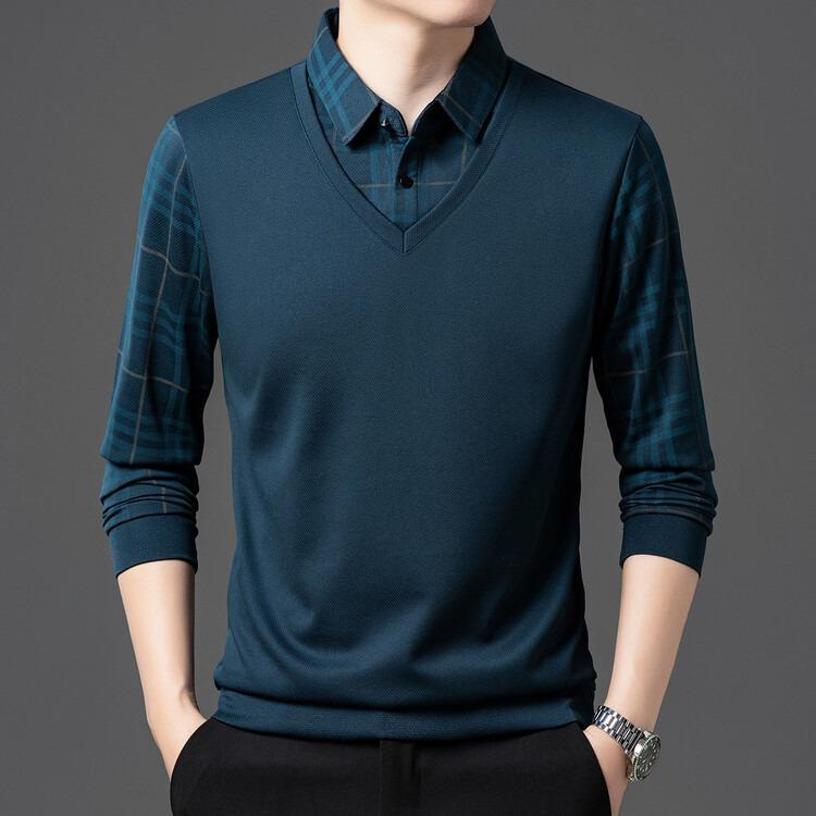 Men Fake Two Pieces Polo Shirts With Fleece Warm Winter Wear Casual Business Long Sleeve T-Shirts Autumn Clothing For Wholesales