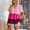 Contrast V-neck Shirt for Women's Summer Loose Casual Short Sleeved Top Blouses