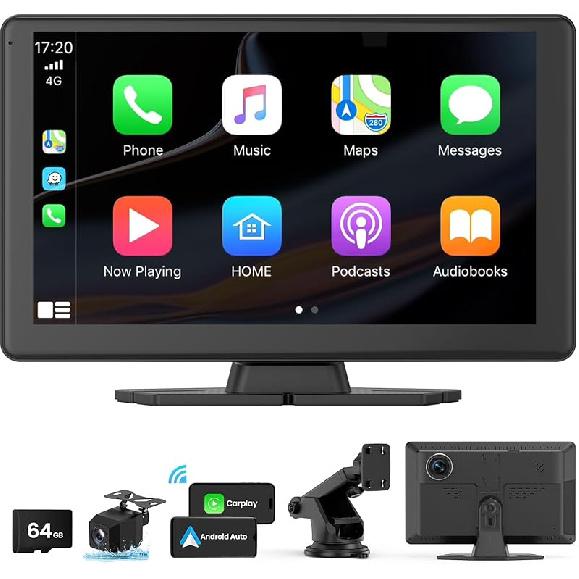 Портативный экран CarPlay для автомобиля 5K Видеорегистратор, 9-дюймовый беспроводной ресивер автомобильного аудио с CarPlay и Android Auto, с камерой заднего вида 1080p, Bluetooth/GPS чёрный