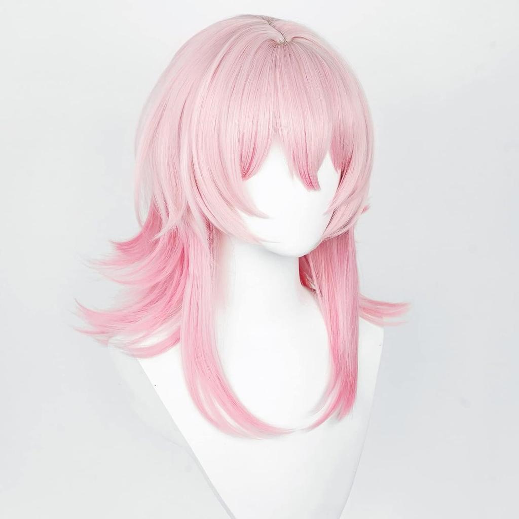 European American Anime Wig Collapse Star Dome Railway March 7th Light Pink Dimple Bangs Back Up Hairstyle