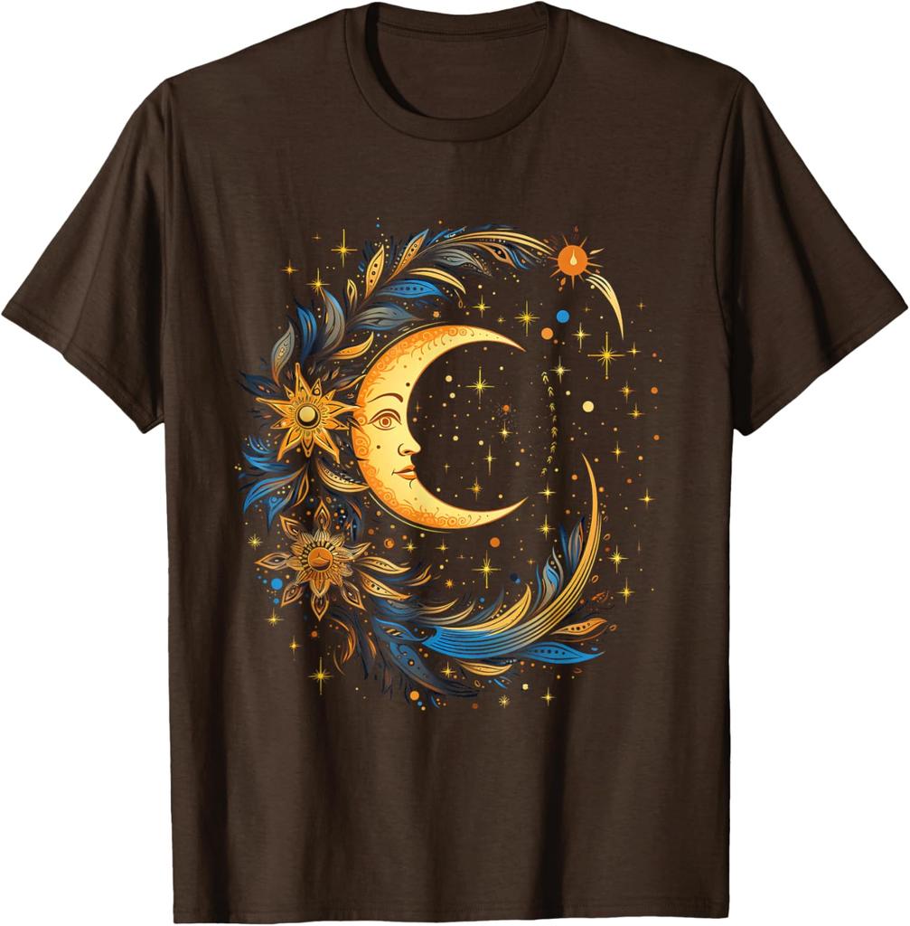Mystic Celestial Moon and Sun Face Graphic Tee Casual Cotton Short Sleeve T-Shirt for Men