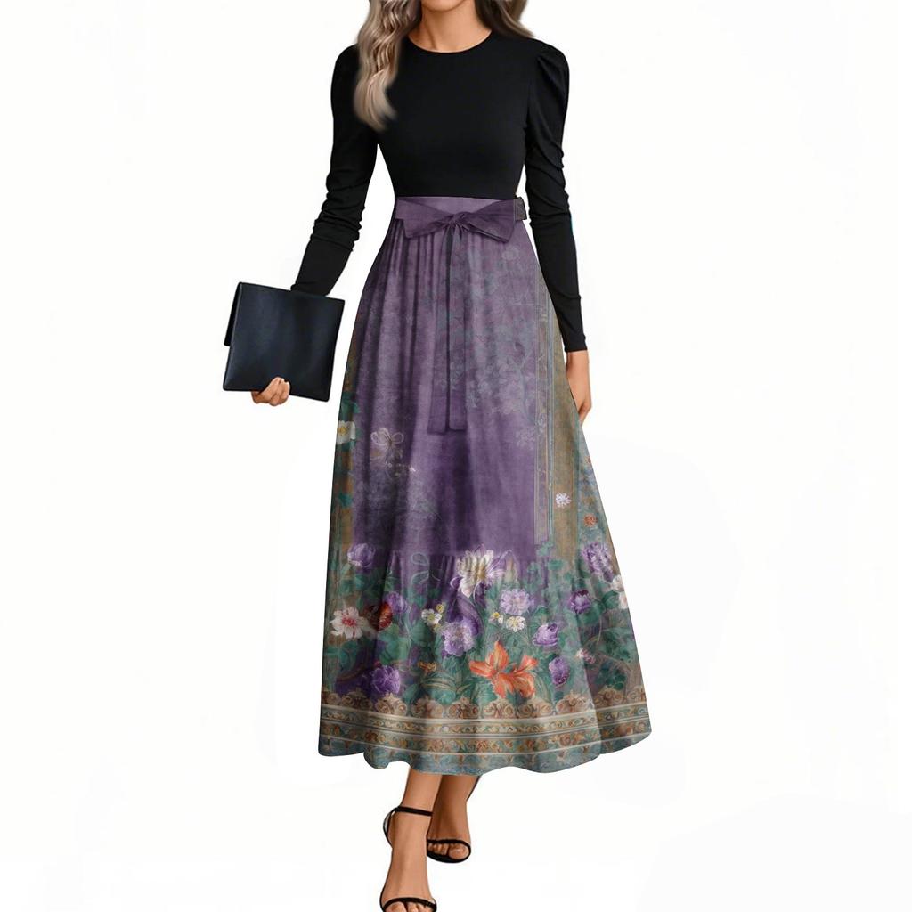 Women's Fashion Casual Belted Long Sleeve Round Neck Floral Printed Elegant Temperament Dresses