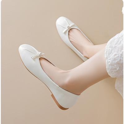French Round Head Bow Versatile Light Mouth Thick Heel Ballet Single Shoes Minimalist Lazy One Pedal Mary Jane Shoes Women