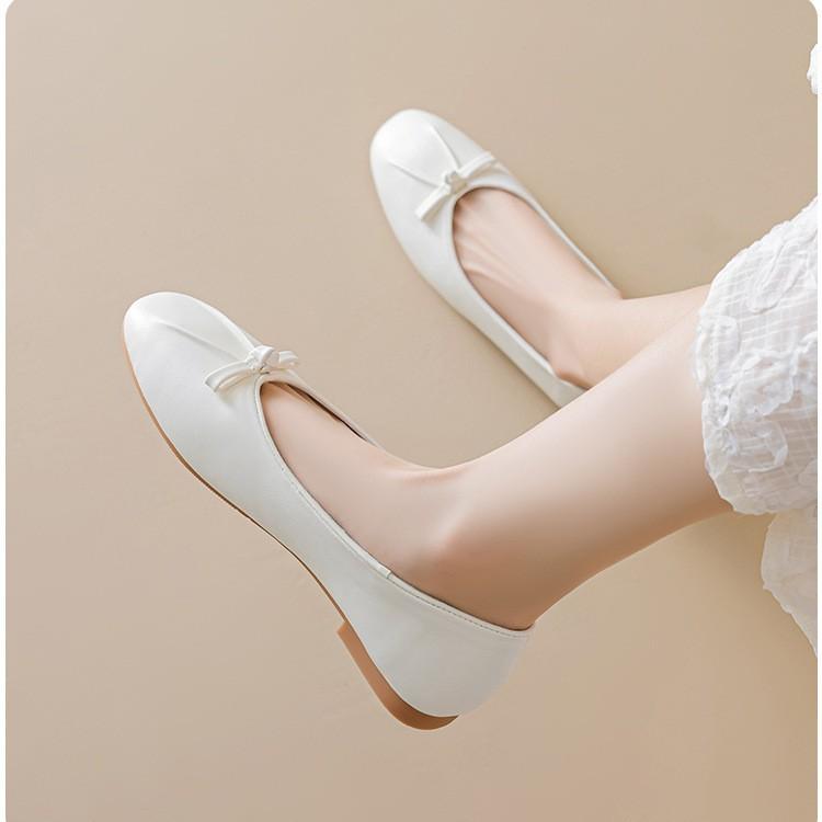 French round head bow versatile light mouth thick heel ballet single shoes minimalist lazy one pedal Mary Jane shoes women