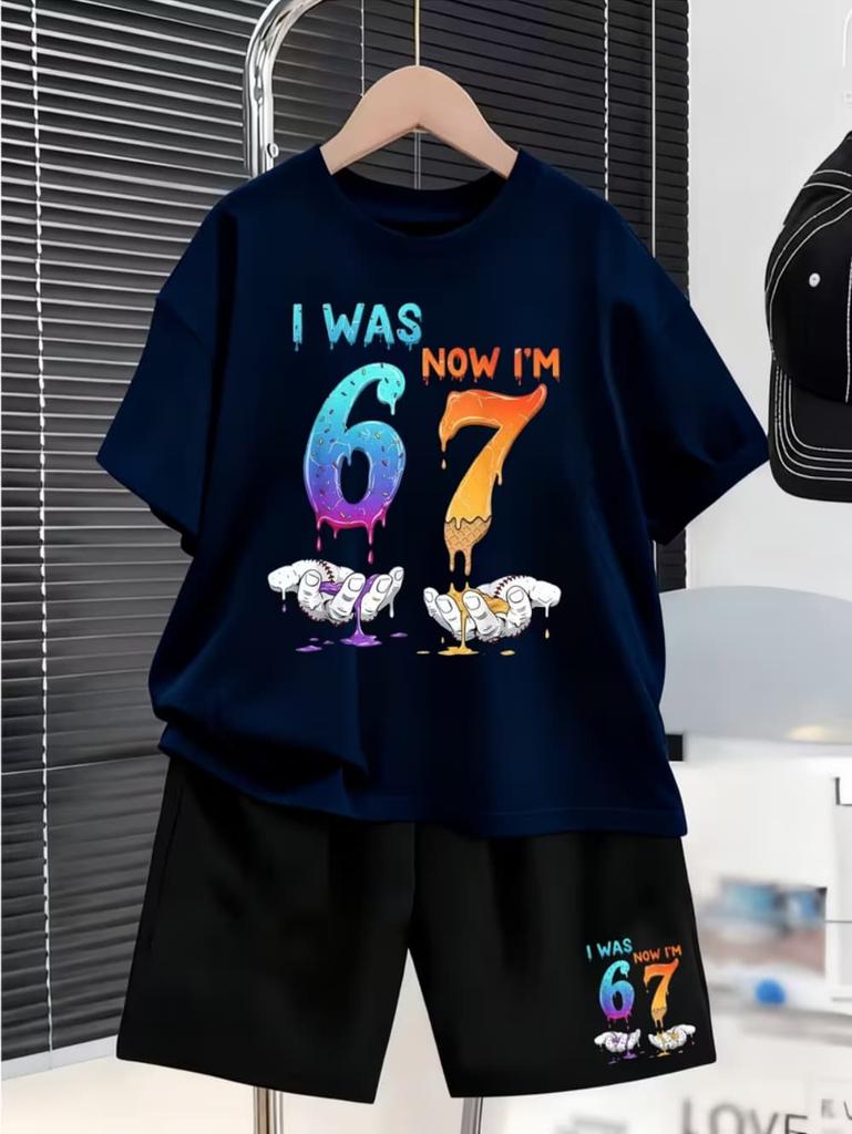67 Meme T-Shirt for Kids 6-7 Years Old Birthday Party Gift Summer T-Shirt Short Pant Set Casual Boy Girl Short Sleeve Shorts Set