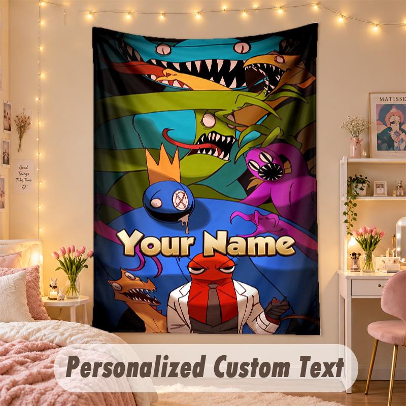 Custom Personalized Tapestry,Rainbow Friends Print Custom Name Text Wall Art Hanging for Bedroom