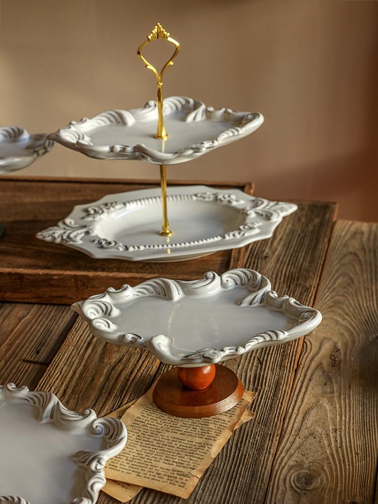 Retro Wooden High-legged Fruit and Snack Plate Storage, Living Room Entrance Storage Tray, Decorative Item, Ceramic Snack Plate