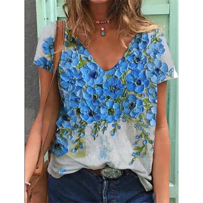 Summer V-neck 3D Flower Butterfly Printed Top Fashionable Casual Short Sleeved Women's T-shirts