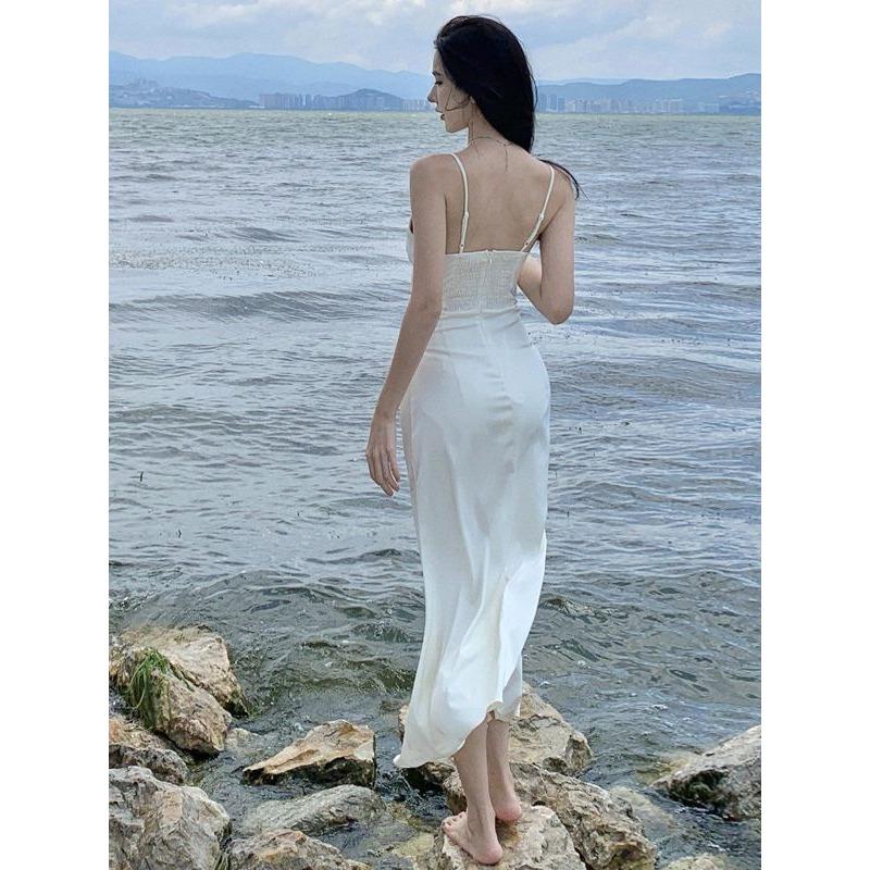 Neck Sling Dress Women's Satin High-end Sense Thin White Dress Registration Fishtail Temperament Skirt
