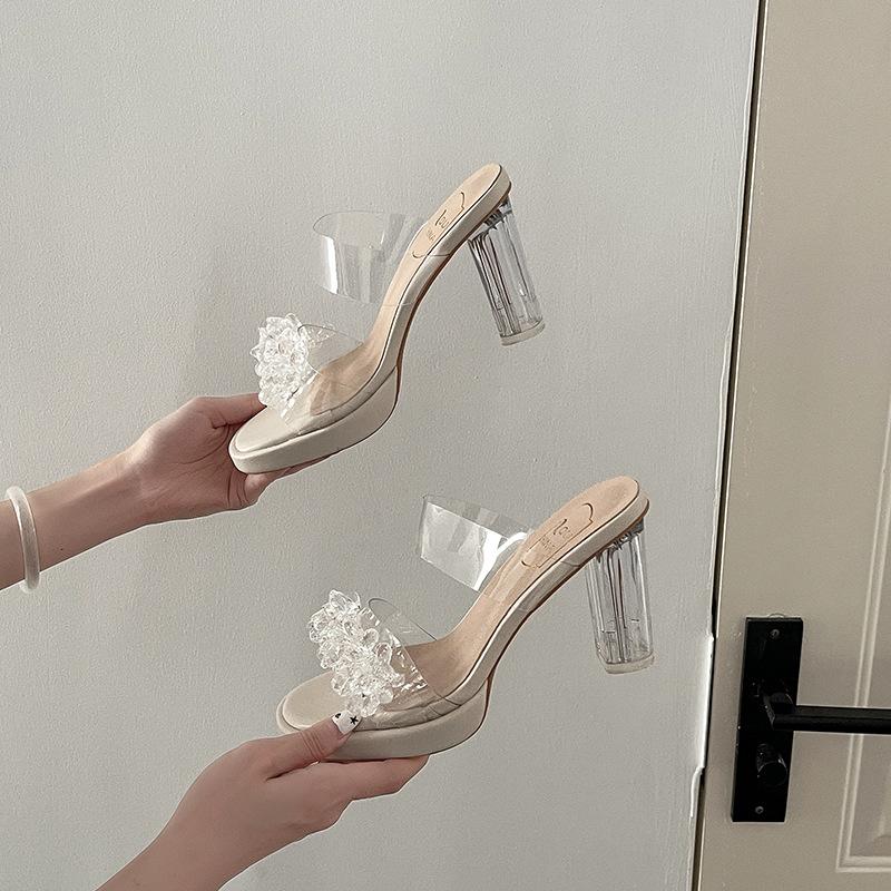 

Нишевые высококлассные сандалии с прозрачным верхом, украшенные стразами в виде цветов, женская летняя обувь, хрустальные сандалии на толстом каблуке, крутые шлепанцы 39