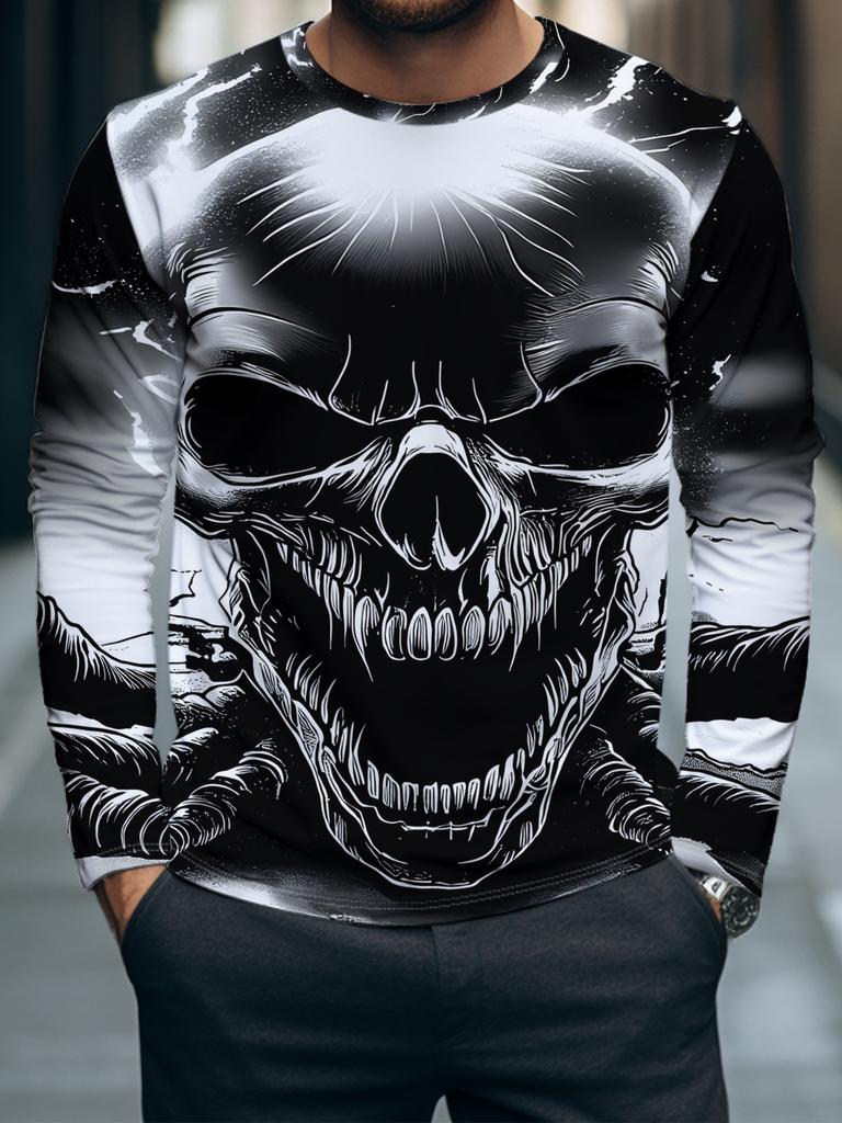 Men Halloween Lightning Skull 3D Print Long Sleeve T‑Shirt Crew Neck Casual Streetwear Pullover Tops