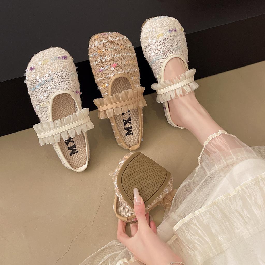 Baotou slippers sequined summer beach shoes flat-soled soft-soled slippers women's outer mesh breathable women's slippers