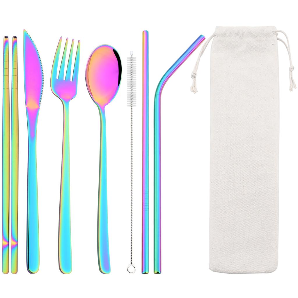 8pcs Gold Travel Dinnerware Knife Fork Spoon Chopsticks Straw Cutlery with Bag Mirror Stainless Steel Flatware Kitchen Tableware
