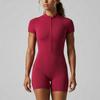 Women Short Sleeve Zip Front One Piece Bodysuit Stretchy Ribbed Fabric Athletic Fitted Romper for Sports Yoga Running