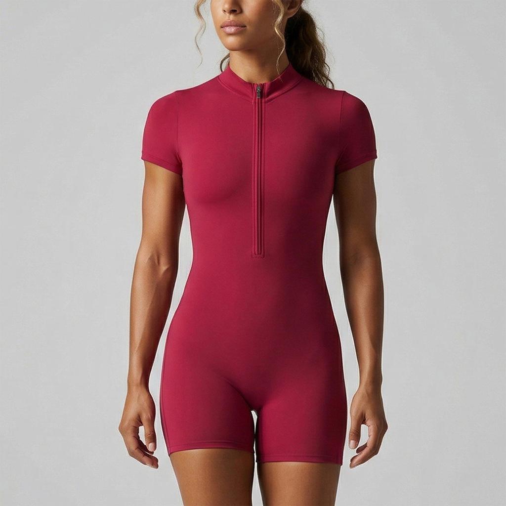 Women Short Sleeve Zip Front One Piece Bodysuit Stretchy Ribbed Fabric Athletic Fitted Romper for Sports Yoga Running