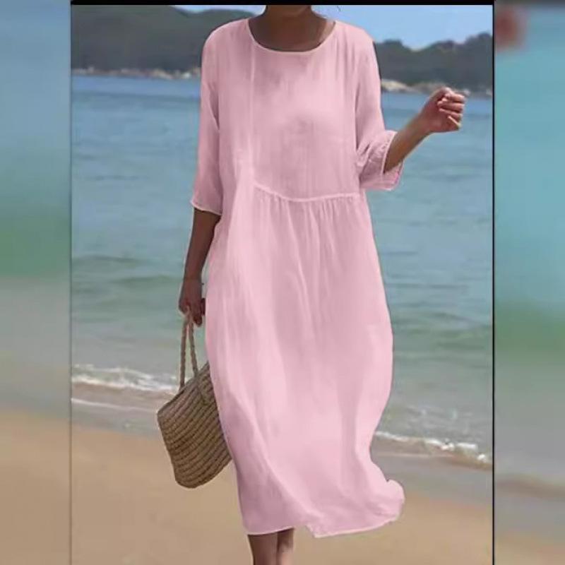 Women's Round Neck 3/4 Sleeve Midi Dress Casual Loose Solid Color Beach Vacation Long Dress