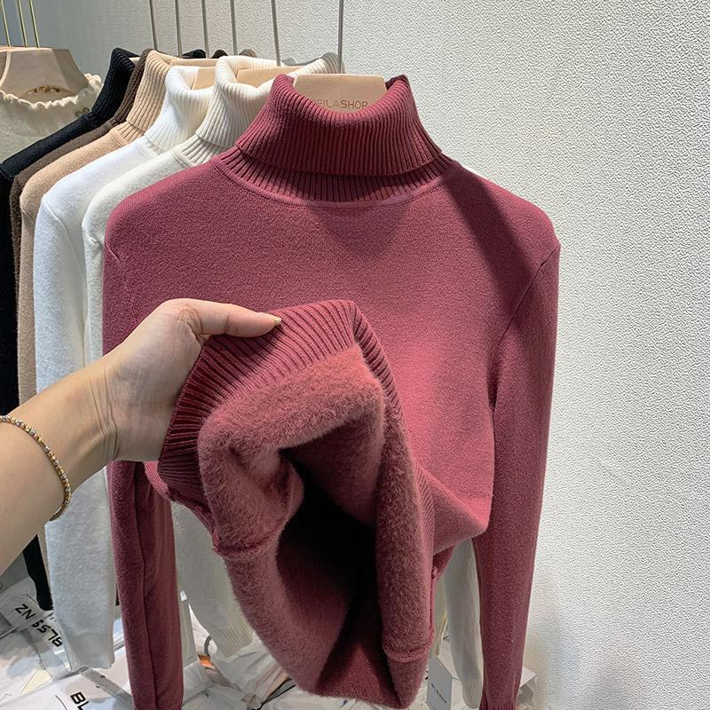 Women's Mink Velvet Turtleneck Sweater - Thick, One-Piece Winter Base Layer for 2025
