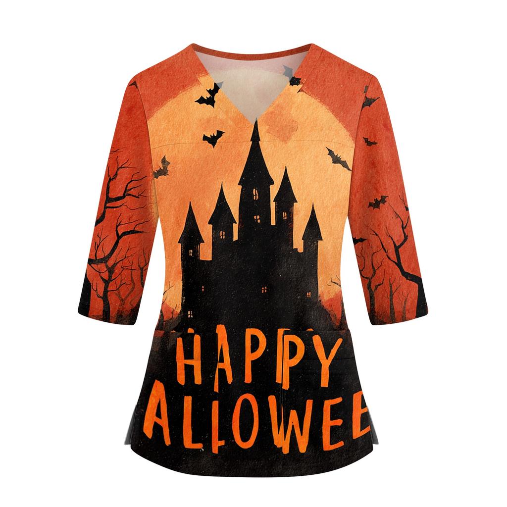 Women's Halloween Print Top V-Neck Three-Quarter Sleeve with Pockets Side Slits Costume Shirt