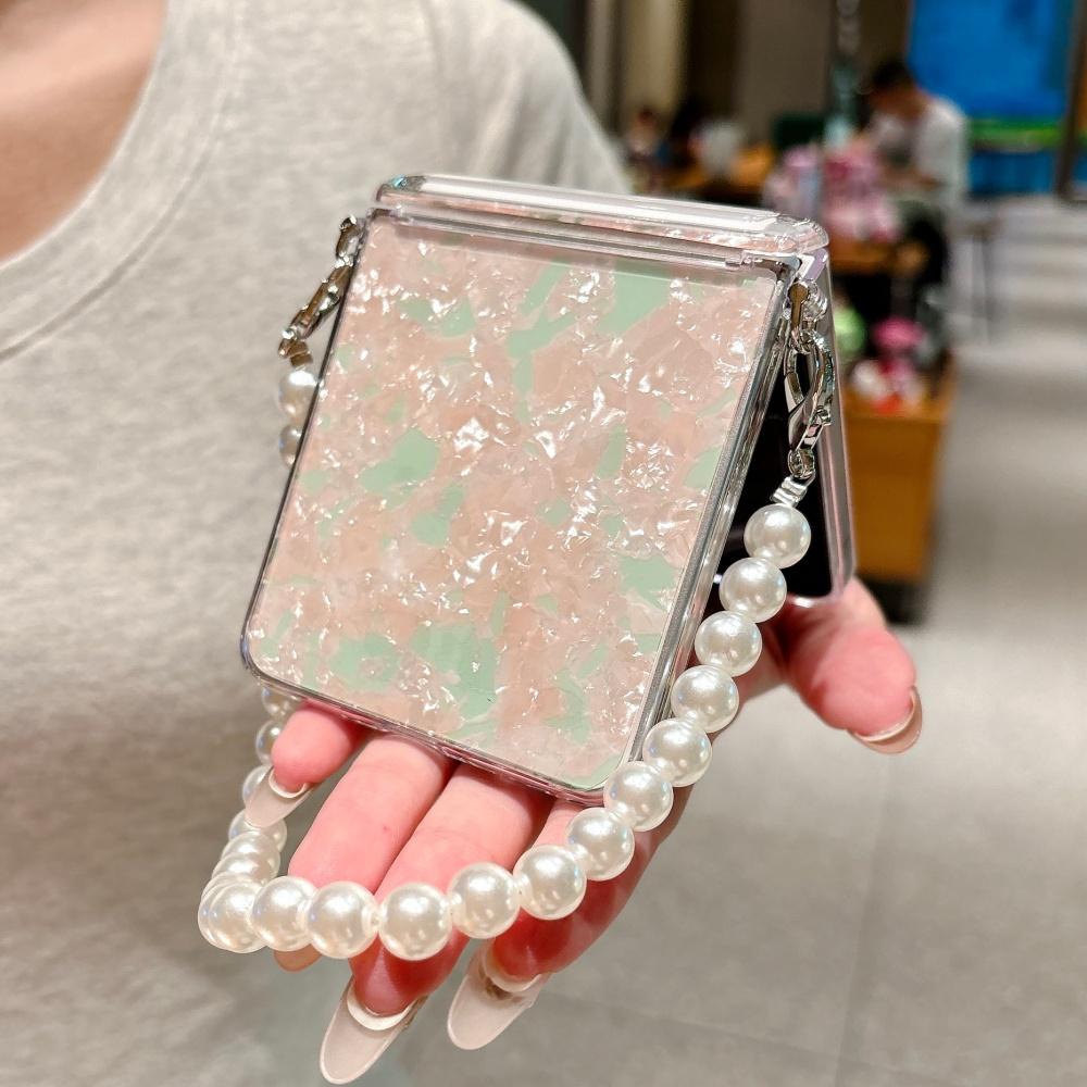 For Samsung Galaxy Z Flip 8 7E 7 6 5 Luxury Shell Pattern Pearl Bracelet Case With Wrist Chain Hard Acrylic Shockproof Cover