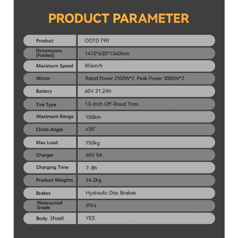 T90 E Scooters 4200W Motor 60 V31.2AH Battery Hydraulic Braking Shock Absorption Fold Electric Scooters 13-Inch Off-Road Tires