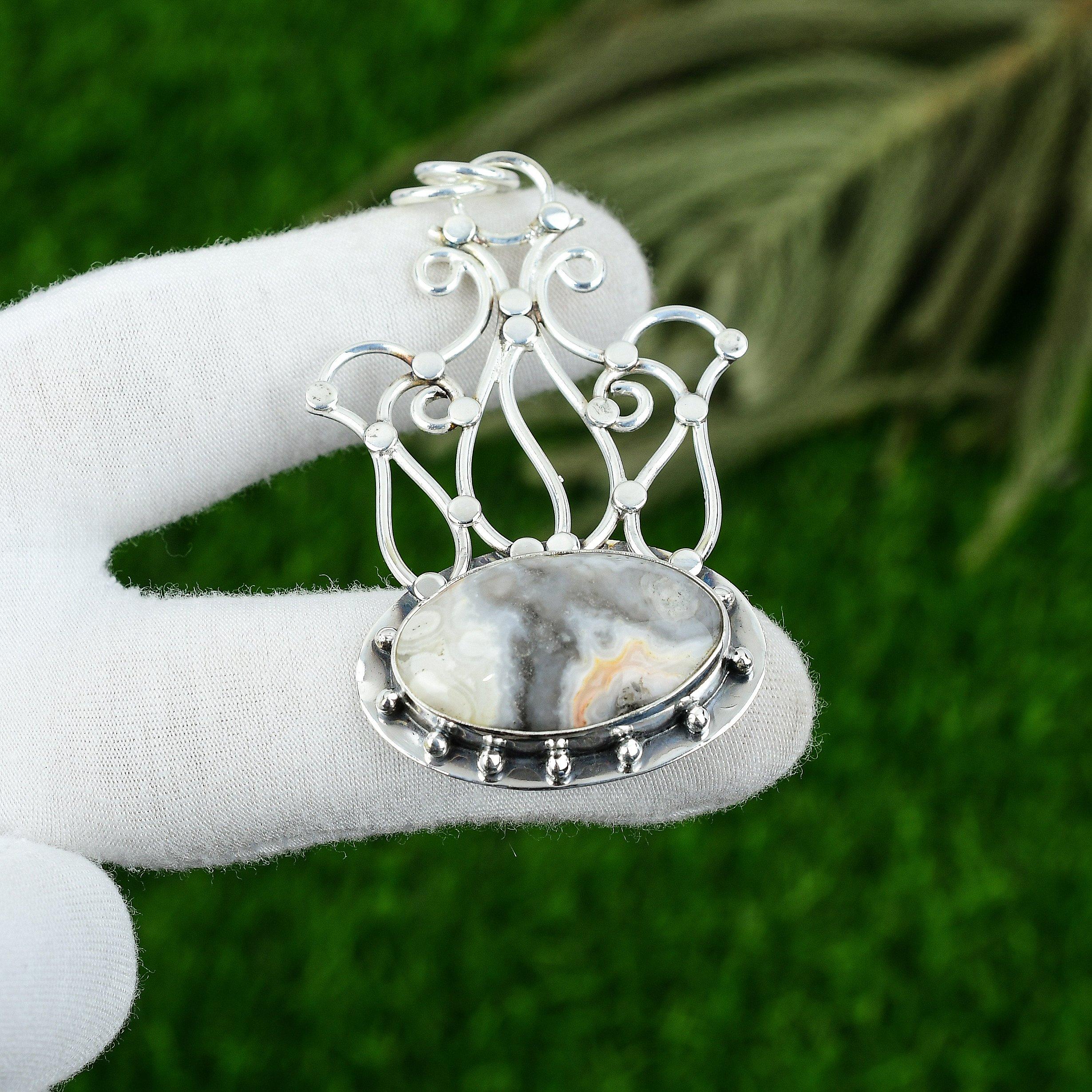 

Anniversary Gift For Her Natural Crazy Lace Agate Gemstone Pendant 925 Silver