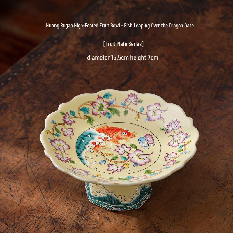 Chinese Ru Kiln Blue and White High-Footed Ceramic Plate for Fruit, Tea, Snacks, Pastries, and Living Room Decor