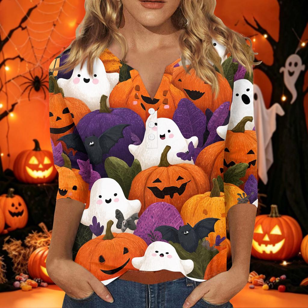 Women's Halloween Print V-Neck Short Sleeve T-Shirt with Decorative Buttons for Casual Fall Outfits