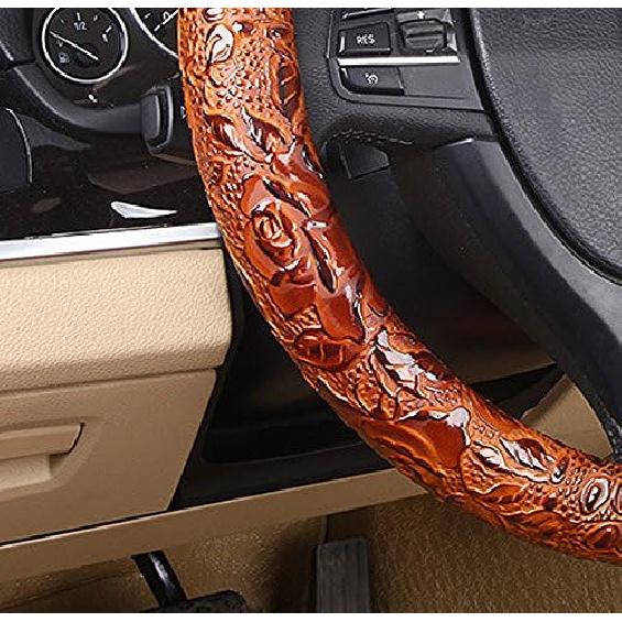 Leather Auto Car Steering Wheel Cover,Anti Slip Universal 15 Inch,Brown Crocodile With Rose Grain