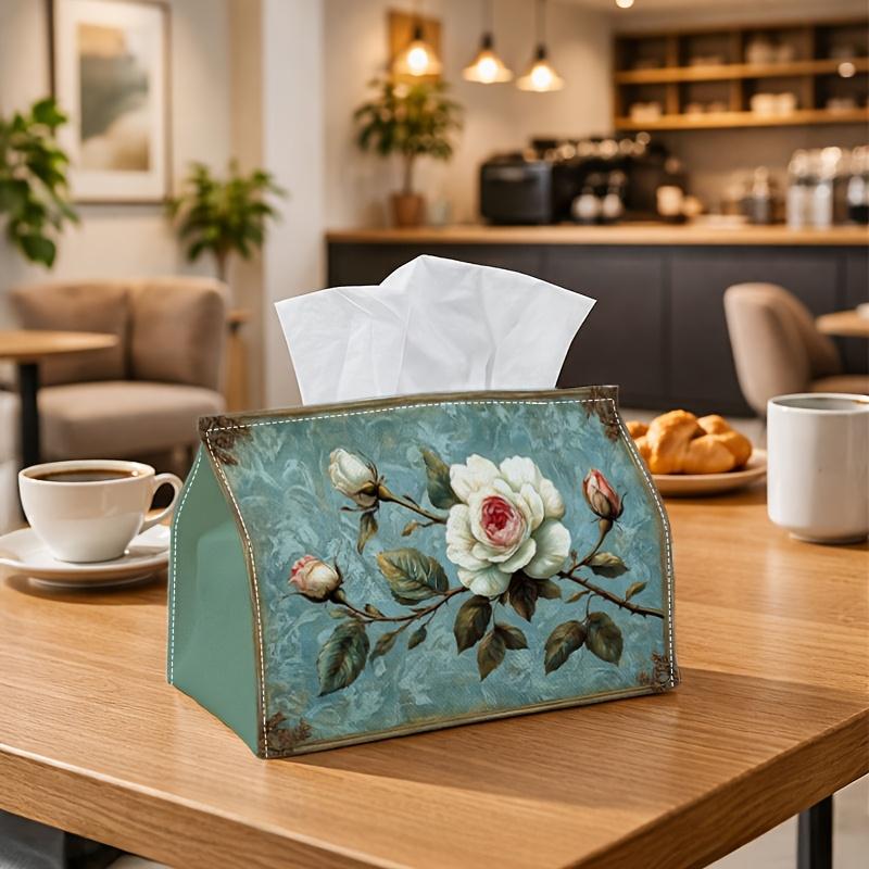 1pc Party Tissue Box,Vintage Classical Floral,Multifunctional Tissue Holder,White Rose Teal Oil Painting,Outdoor Party Supplies, Everyday Desktop Tiss