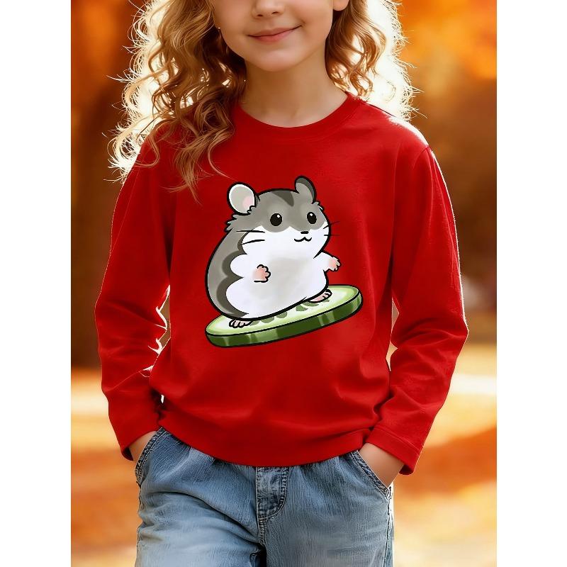 European sizes Kids' Athletic Cartoon Print Round Neck Top, Cartoon Hamster Print Round Neck Kids' Long Sleeve T-Shirt, Cartoon Character
