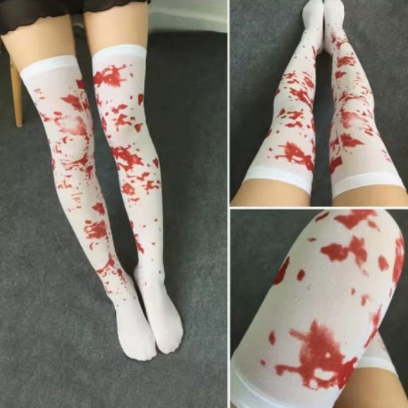 Halloween Blood-Stained White Silk Mesh Stockings for Party Decorations and Props