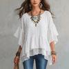 Women S Bohemian Style Chiffon Shirt Loose Round Neck Flared Sleeve Irregular Hem Top