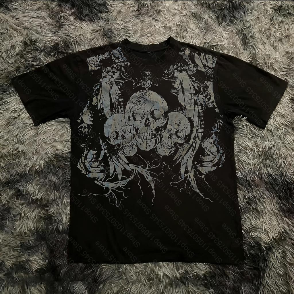 Classic Y2K Gothic Style Tshirt Print Oversized T Shirt High Street Shirts Gothic Round Neck Cotton Tops New Unisexs Women T Shirt